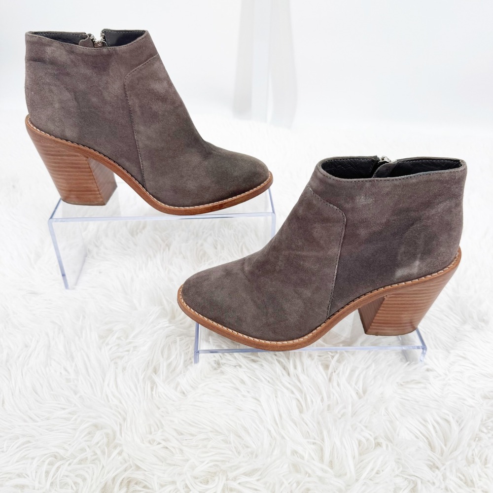 Loeffler Randall Ella Gray Suede Ankle Boots Stacked Block Heel Size 6